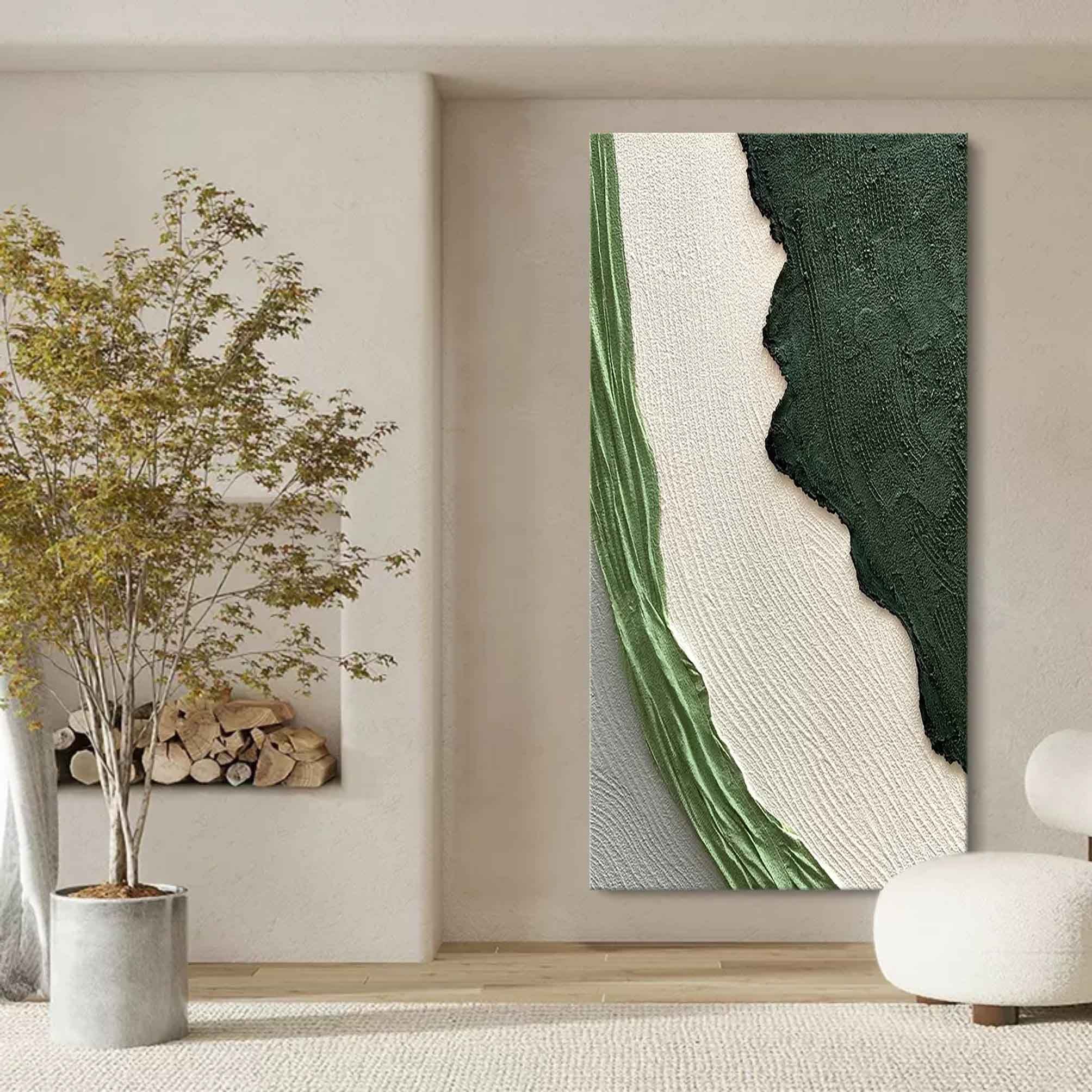 Green and White Textured Abstract Oil Painting on Canvas 293AA