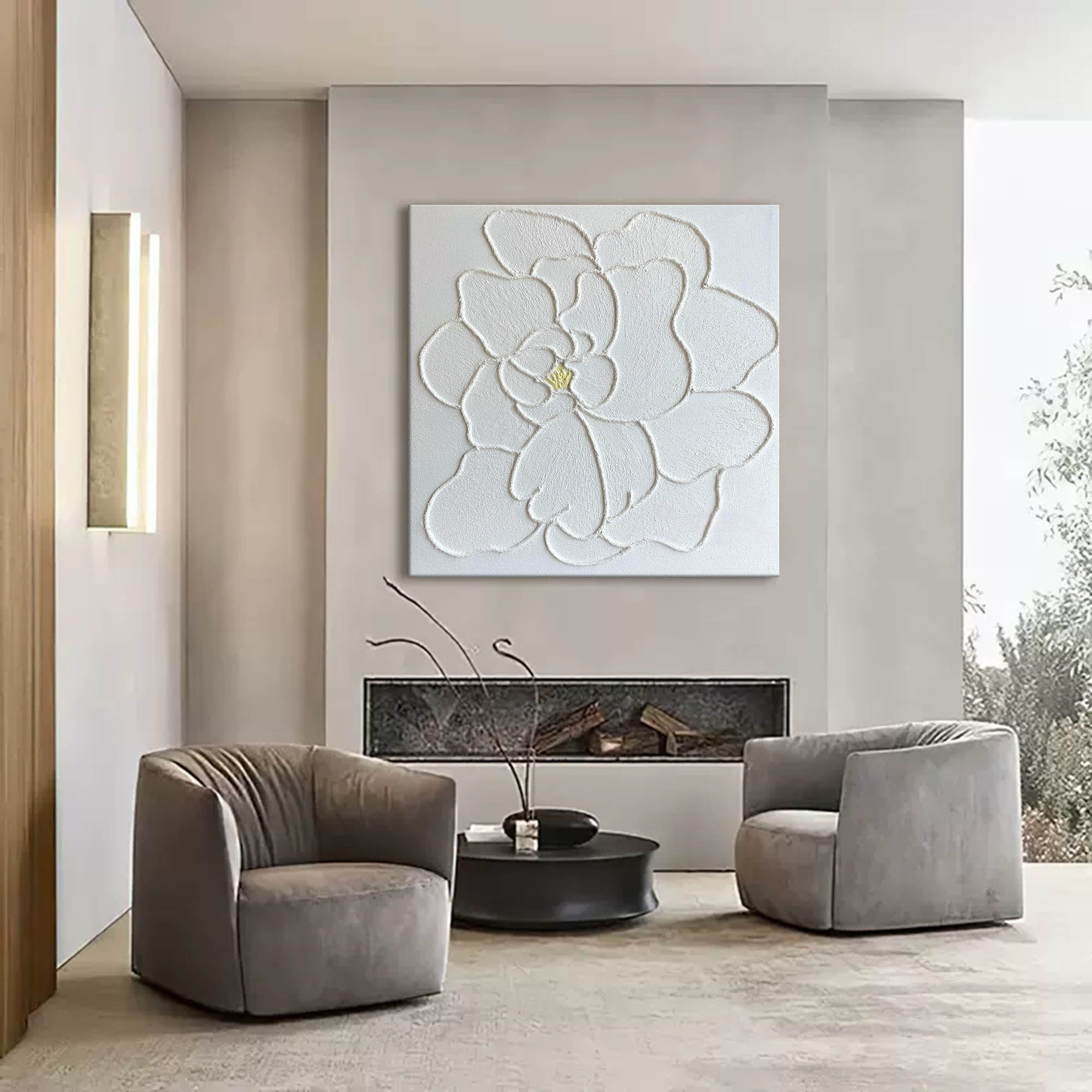 White Textured Floral Abstract Oil Painting on Canvas 297AA