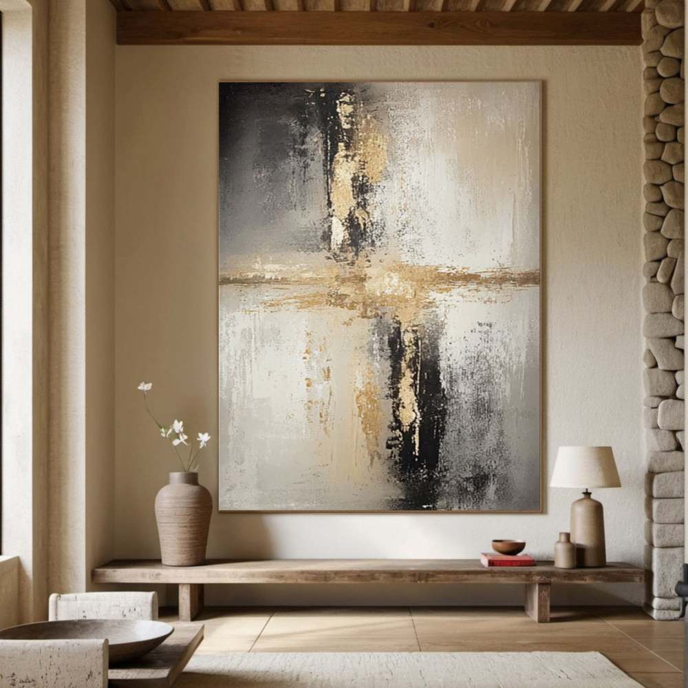 Minimalist Abstract Gold & Black Textured Canvas – Hand-Painted 308AA