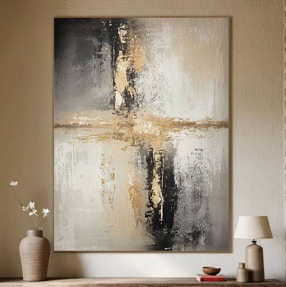Minimalist Abstract Gold & Black Textured Canvas – Hand-Painted 308AA