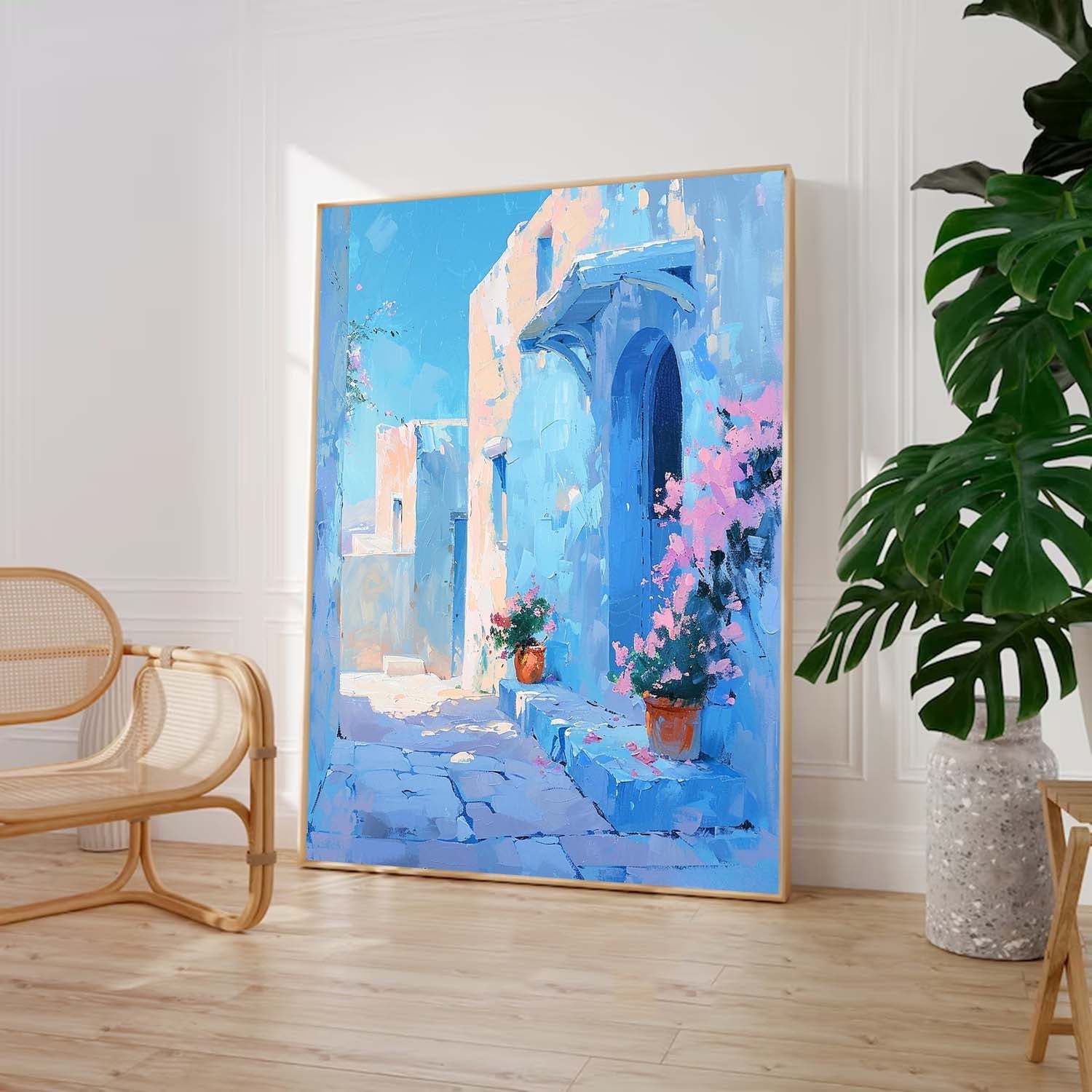 Blue Mediterranean Street with Flowers Impressionist Oil Painting 314AA