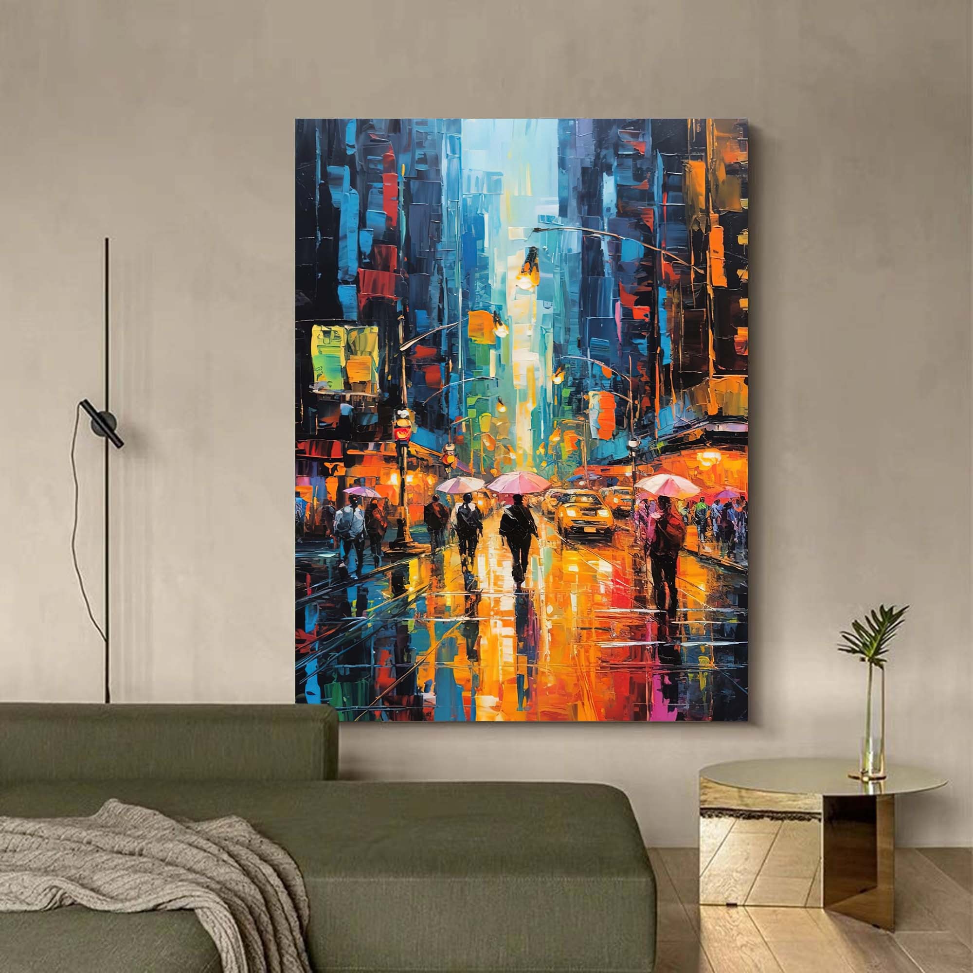 Rainy City Street Scene Modern Impressionist Oil Painting 310AA