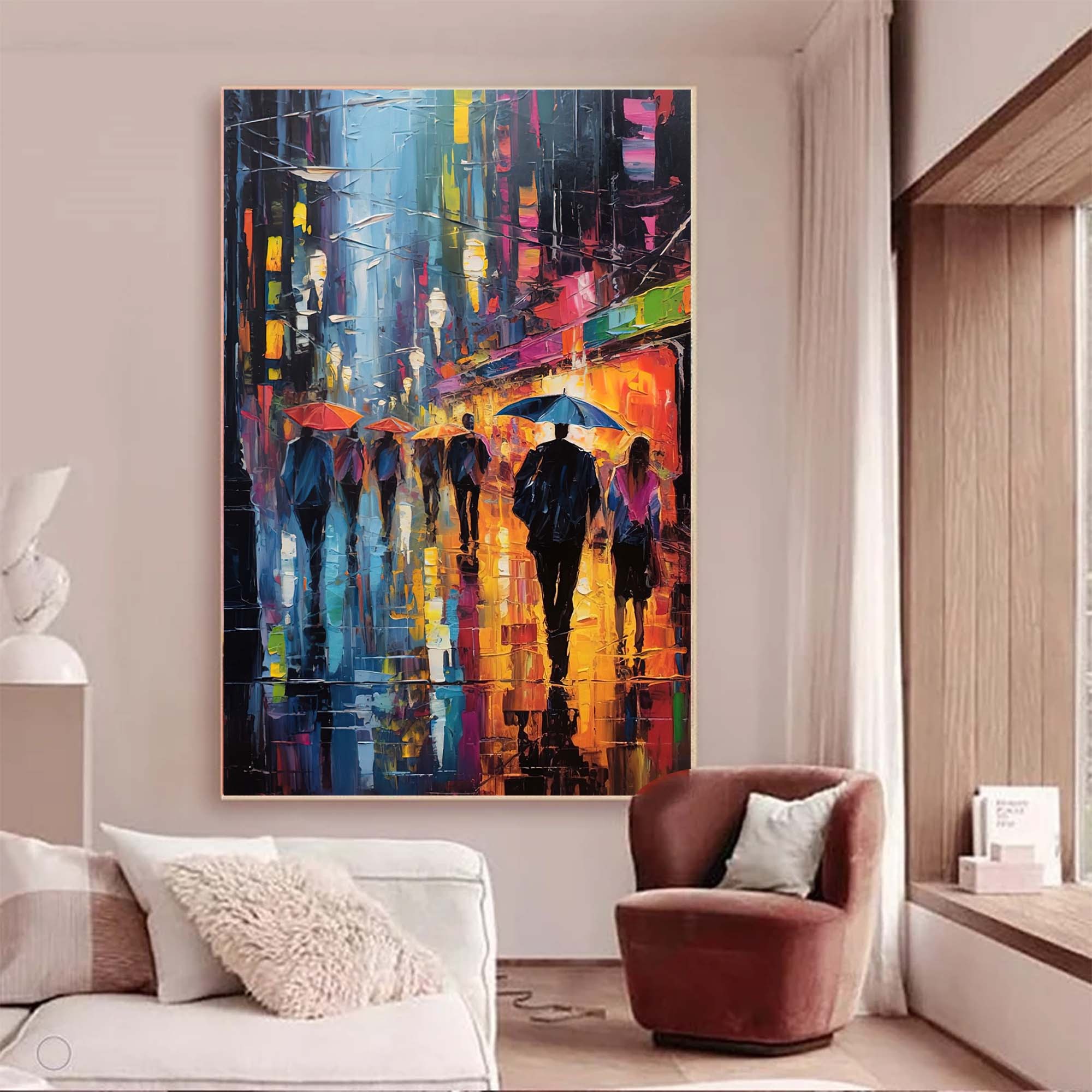 Rainy Night City Street Scene Modern Impressionist Oil Painting 326AA