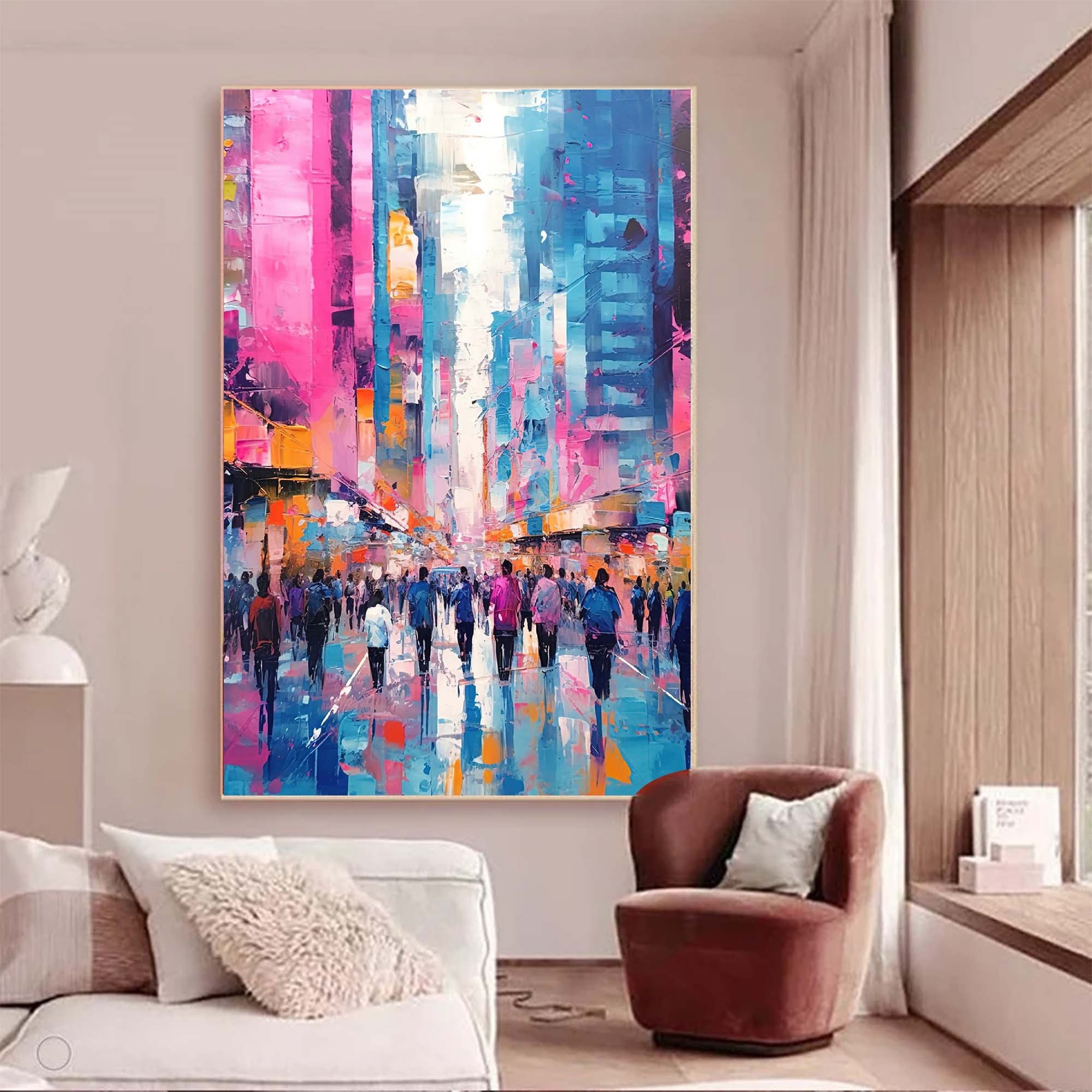 Pink and Blue City Street Scene Modern Impressionist Oil Painting 319AA