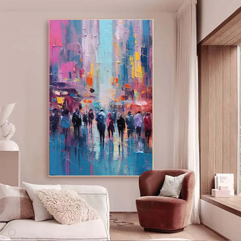 Blue and Pink City Street Scene Modern Impressionist Oil Painting 323AA