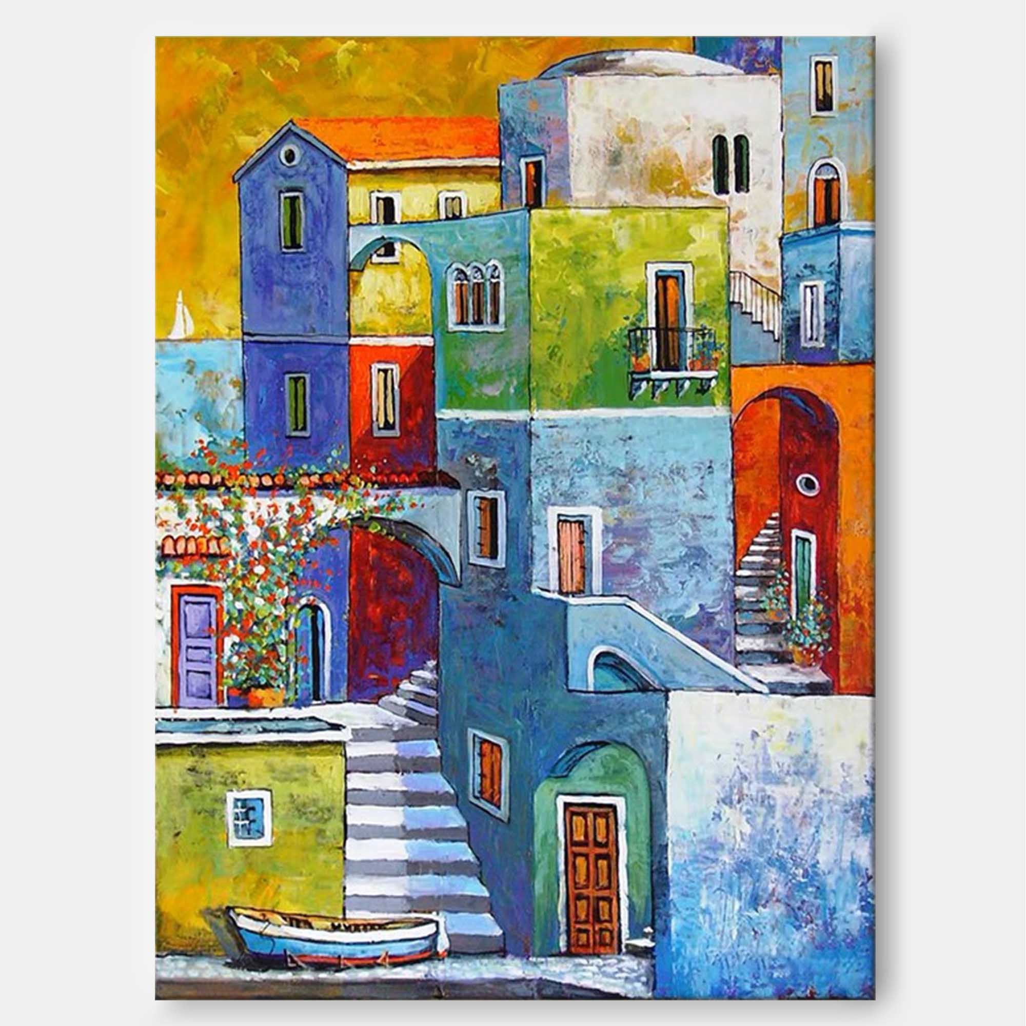 Colorful Mediterranean Cityscape Oil Painting – Hand-Painted Modern Wall Art 309AA