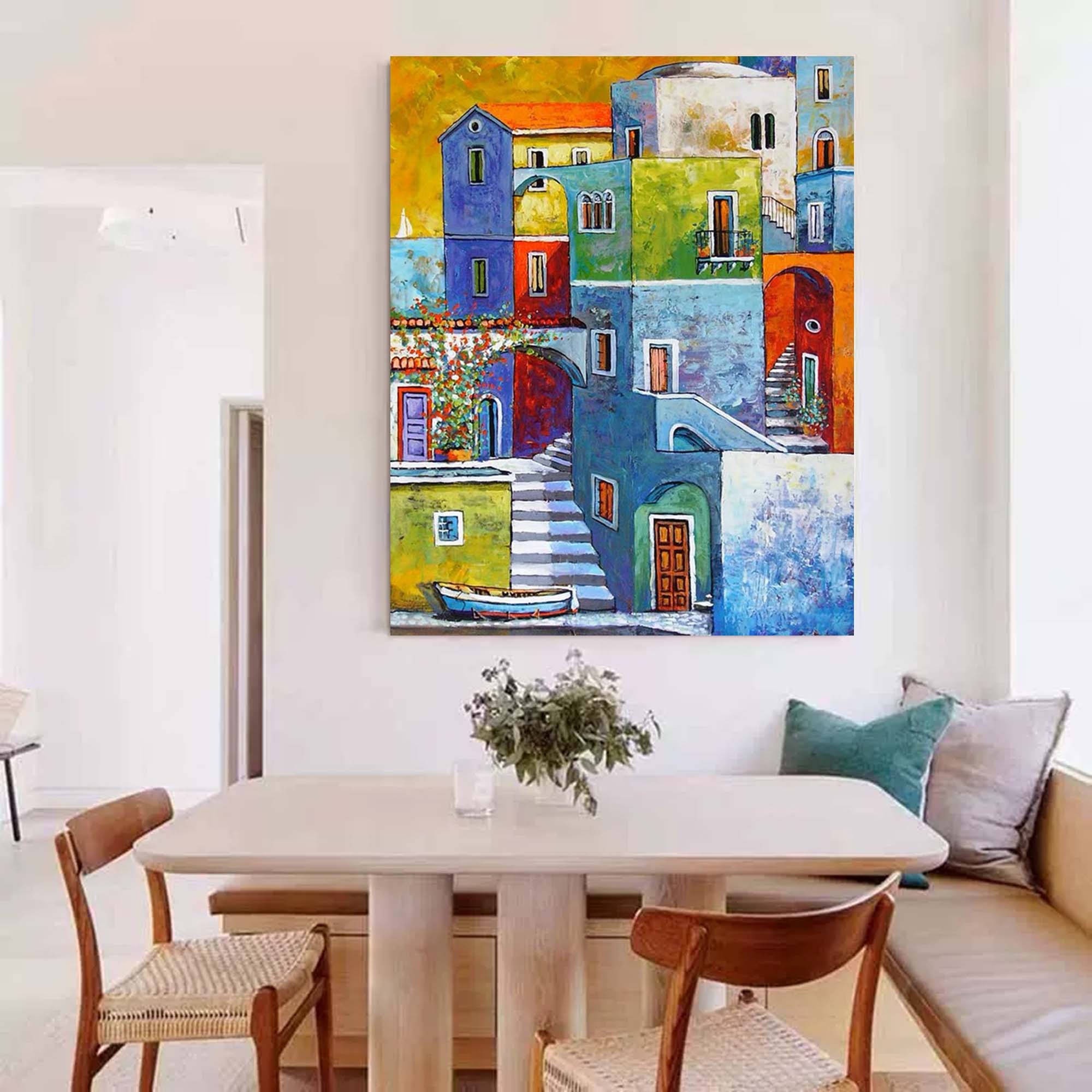 Colorful Mediterranean Cityscape Oil Painting – Hand-Painted Modern Wall Art 309AA
