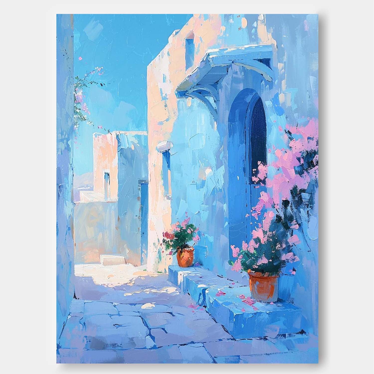 Blue Mediterranean Street with Flowers Impressionist Oil Painting 314AA