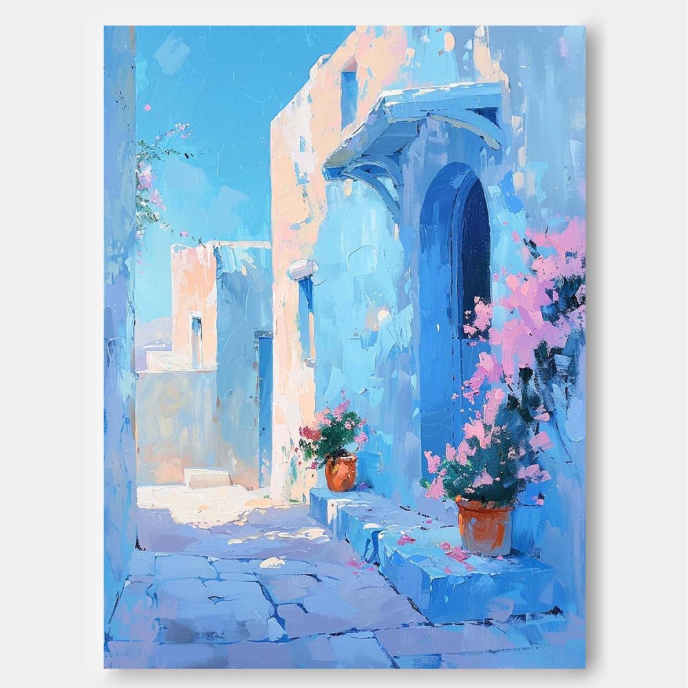 Blue Mediterranean Street with Flowers Impressionist Oil Painting 314AA