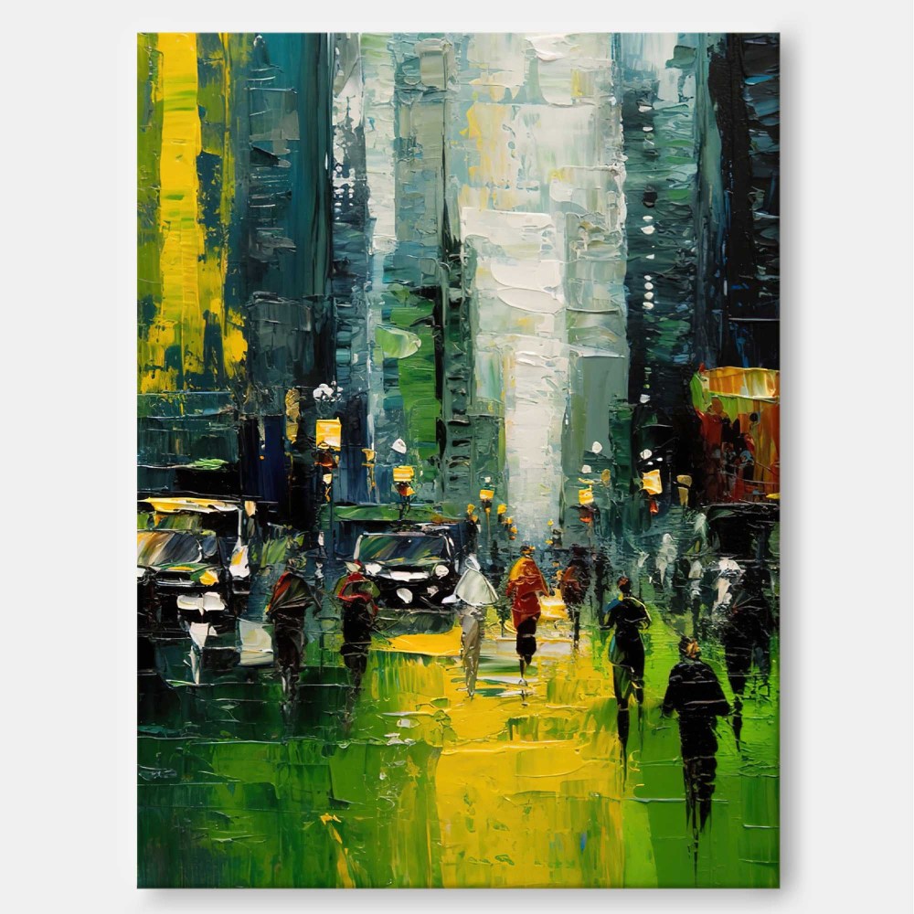 Green City Street Scene Modern Impressionist Oil Painting 311AA