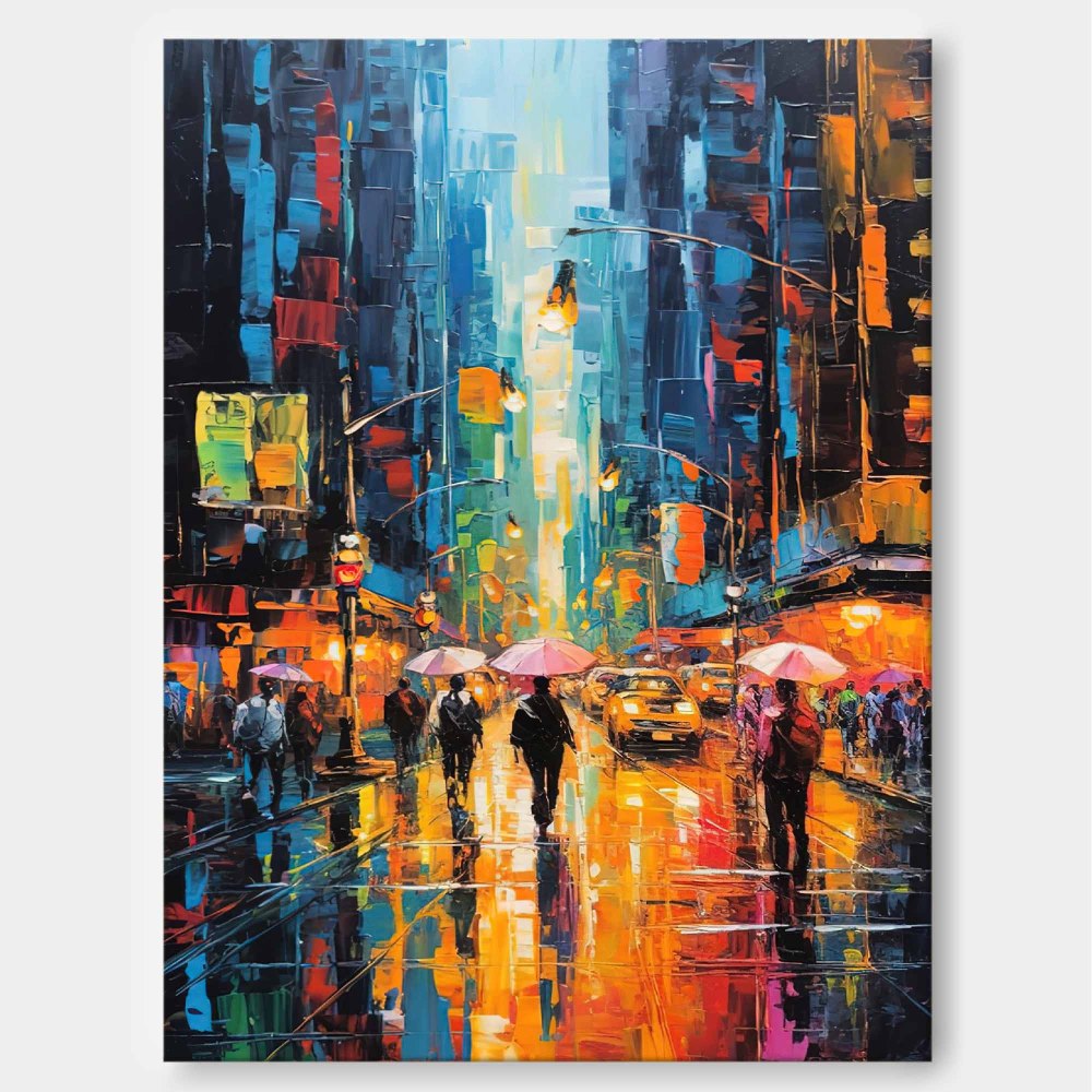 Rainy City Street Scene Modern Impressionist Oil Painting 310AA