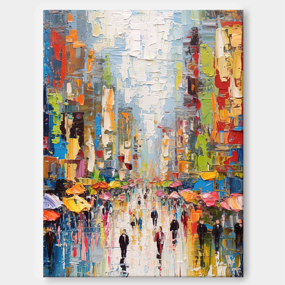 Vibrant City Street Scene Palette Knife Impressionist Oil Painting 321AA