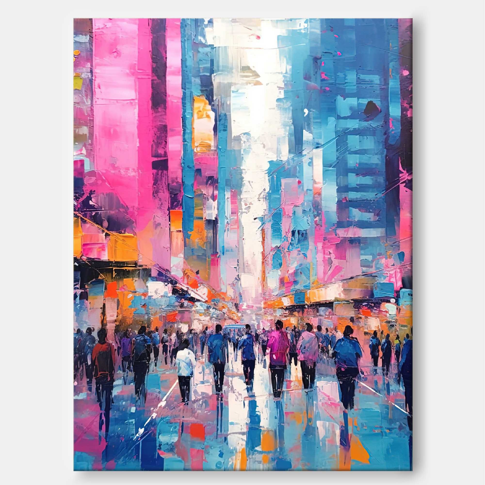 Pink and Blue City Street Scene Modern Impressionist Oil Painting 319AA