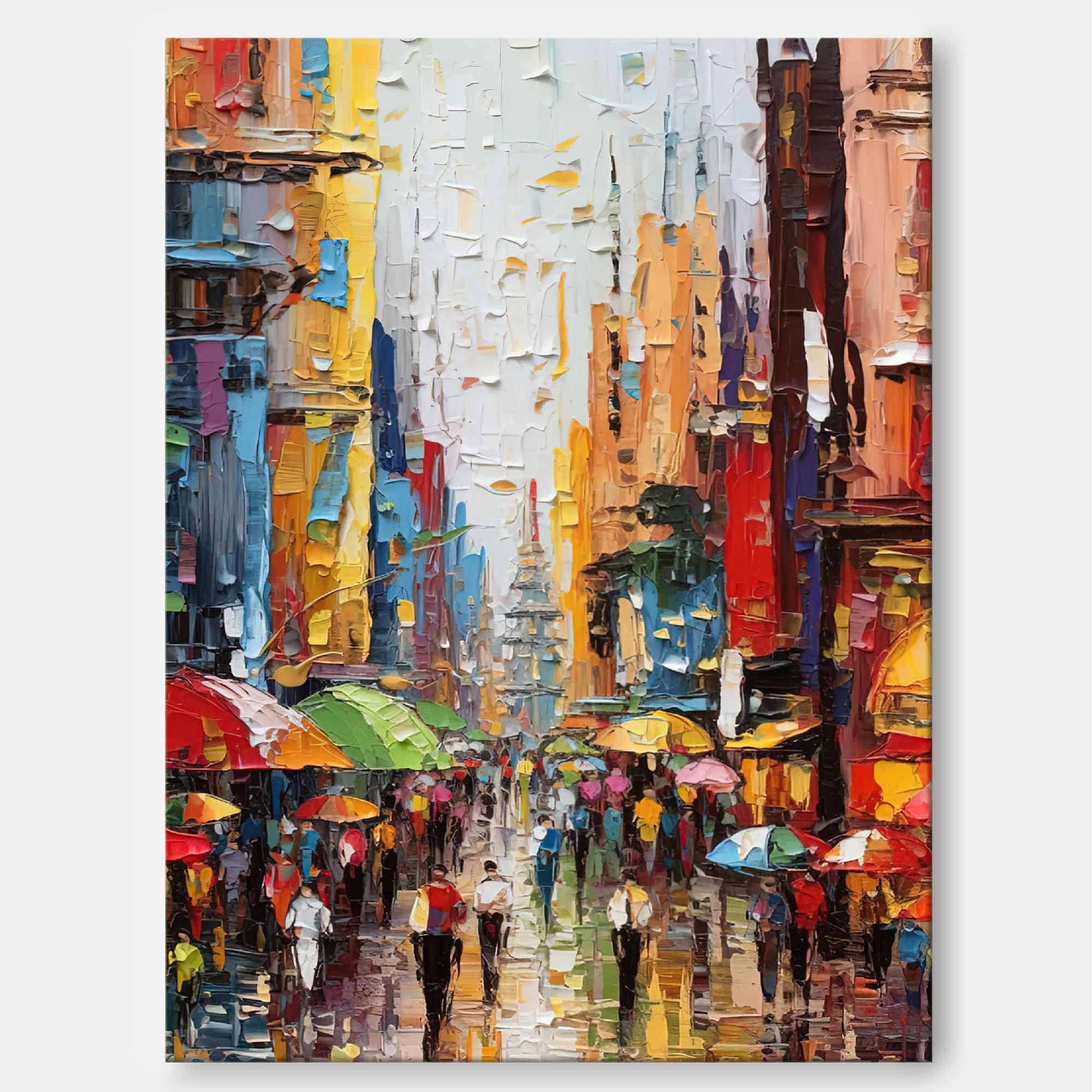 Colorful City Street Scene Palette Knife Impressionist Oil Painting 327AA