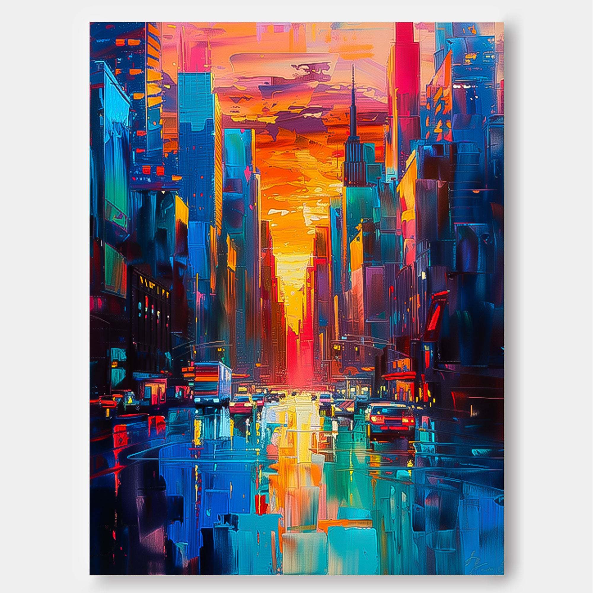 Sunset City Skyline Modern Impressionist Oil Painting 325AA