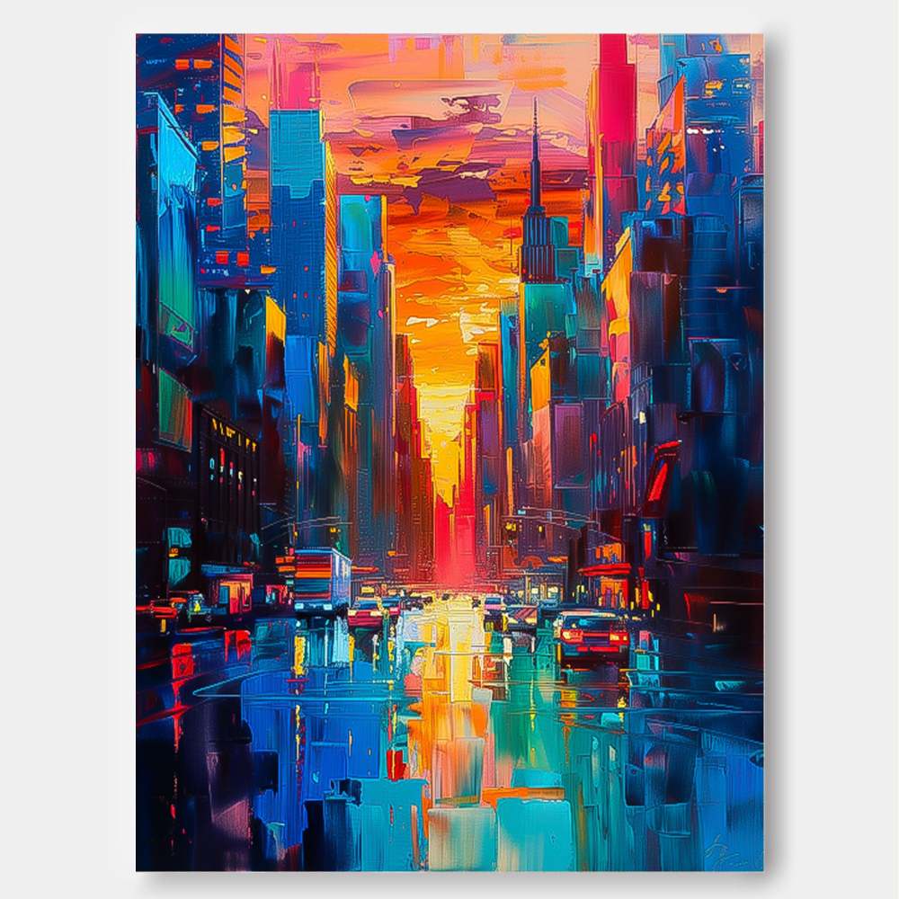 Sunset City Skyline Modern Impressionist Oil Painting 325AA