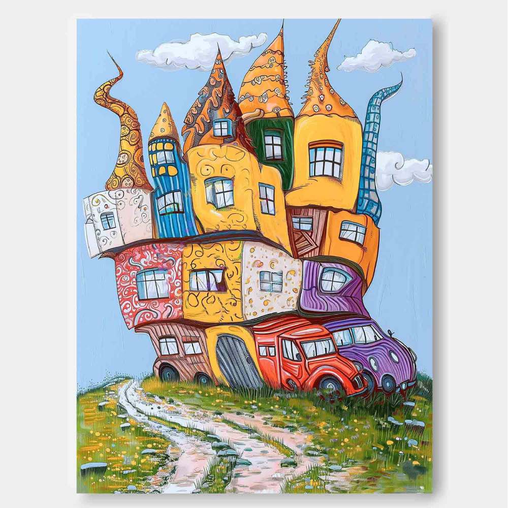 Whimsical Colorful Houses and Cars Fantasy Oil Painting 315BR