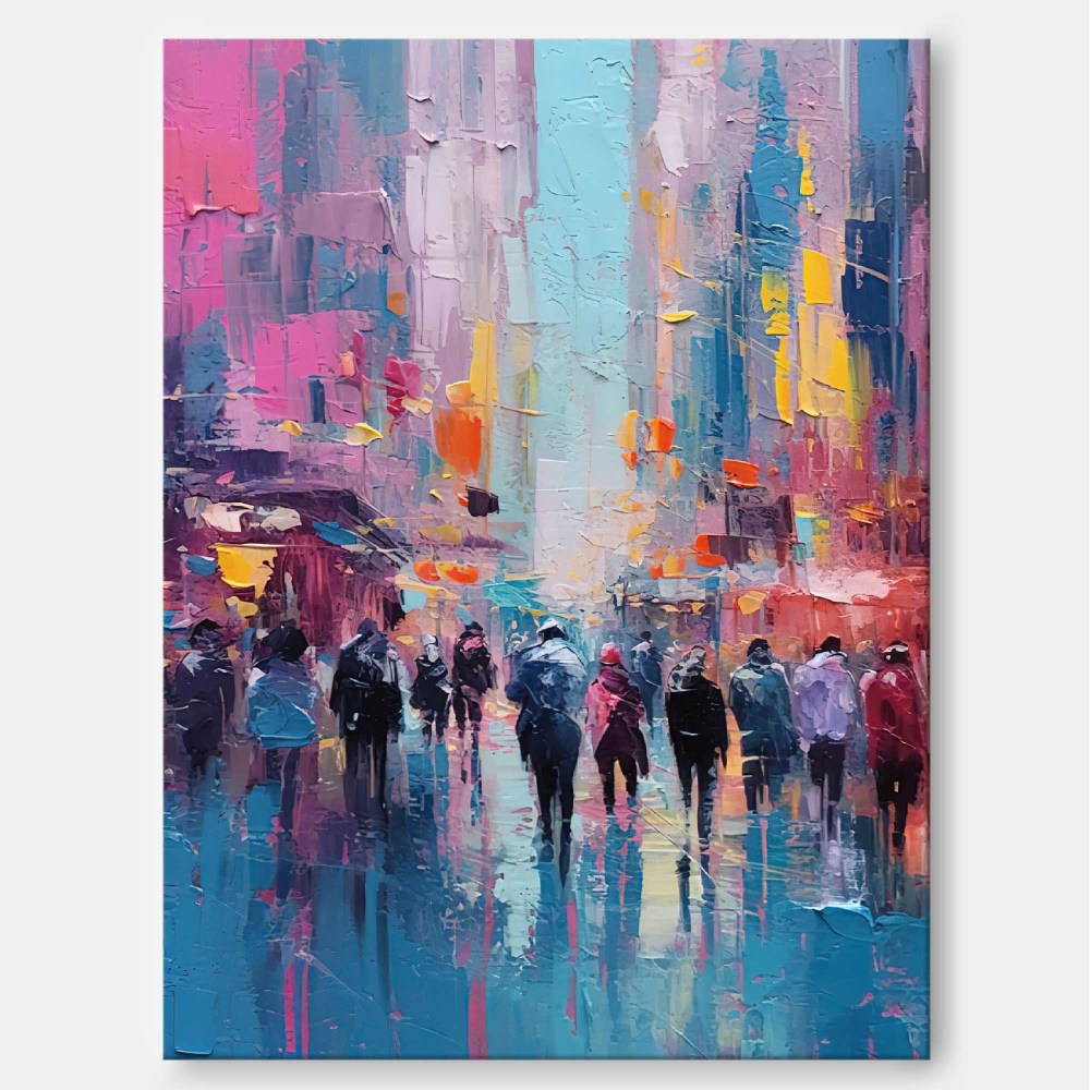 Blue and Pink City Street Scene Modern Impressionist Oil Painting 323AA