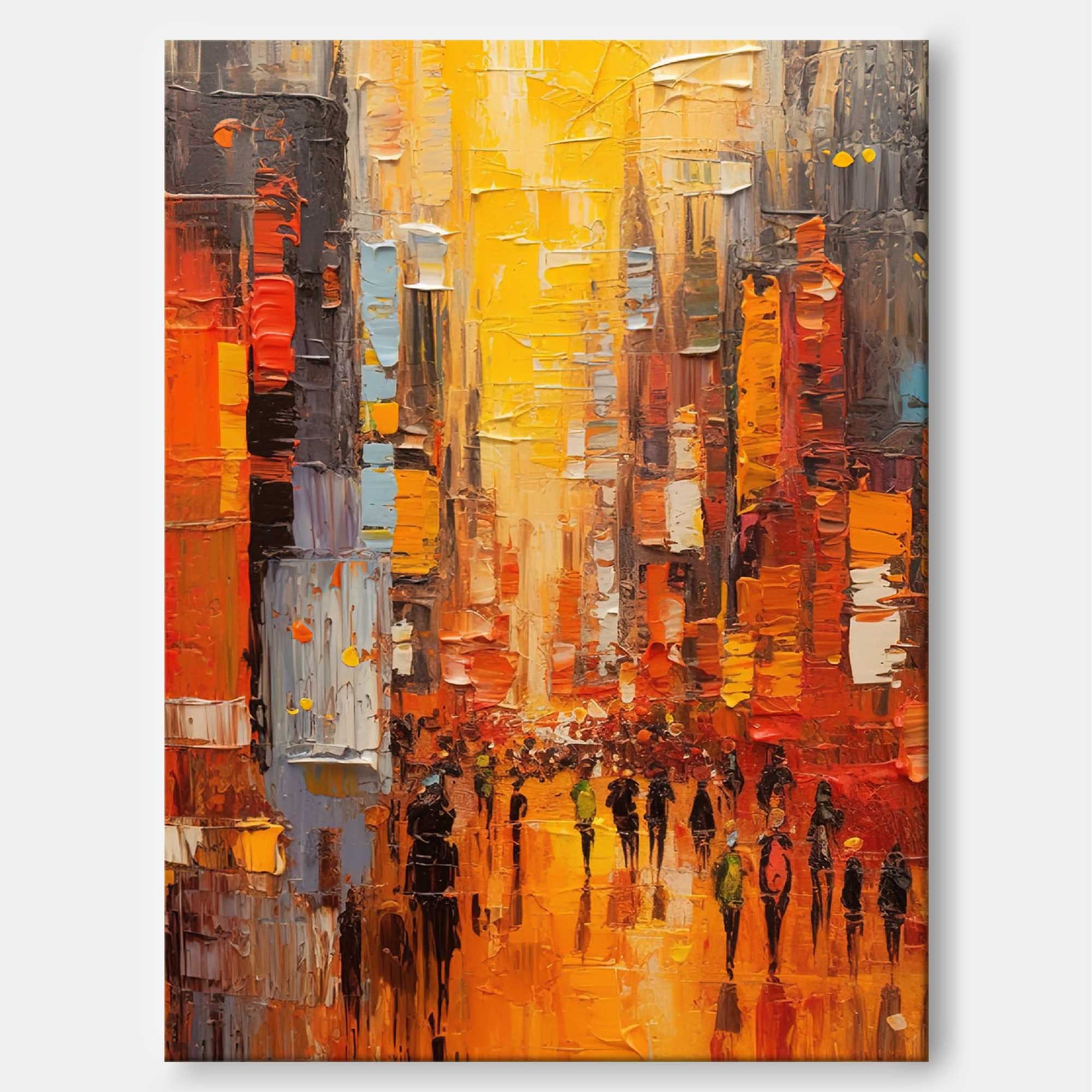 Golden City Street Scene Palette Knife Impressionist Oil Painting 323AA