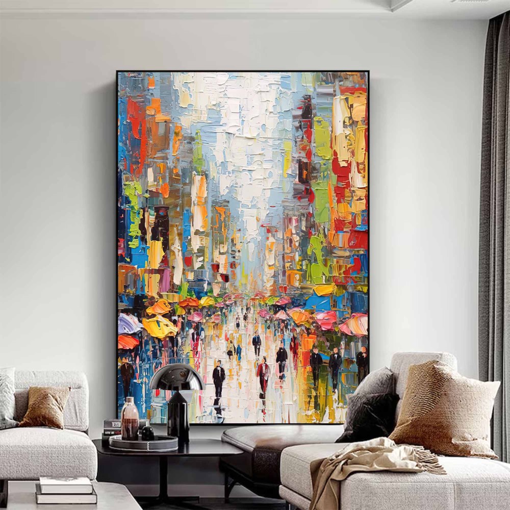 Vibrant City Street Scene Palette Knife Impressionist Oil Painting 321AA
