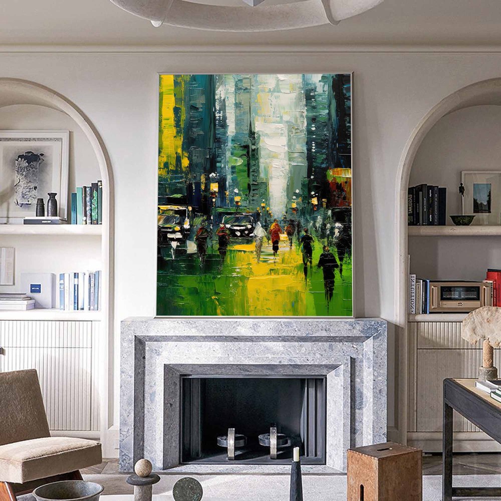 Green City Street Scene Modern Impressionist Oil Painting 311AA