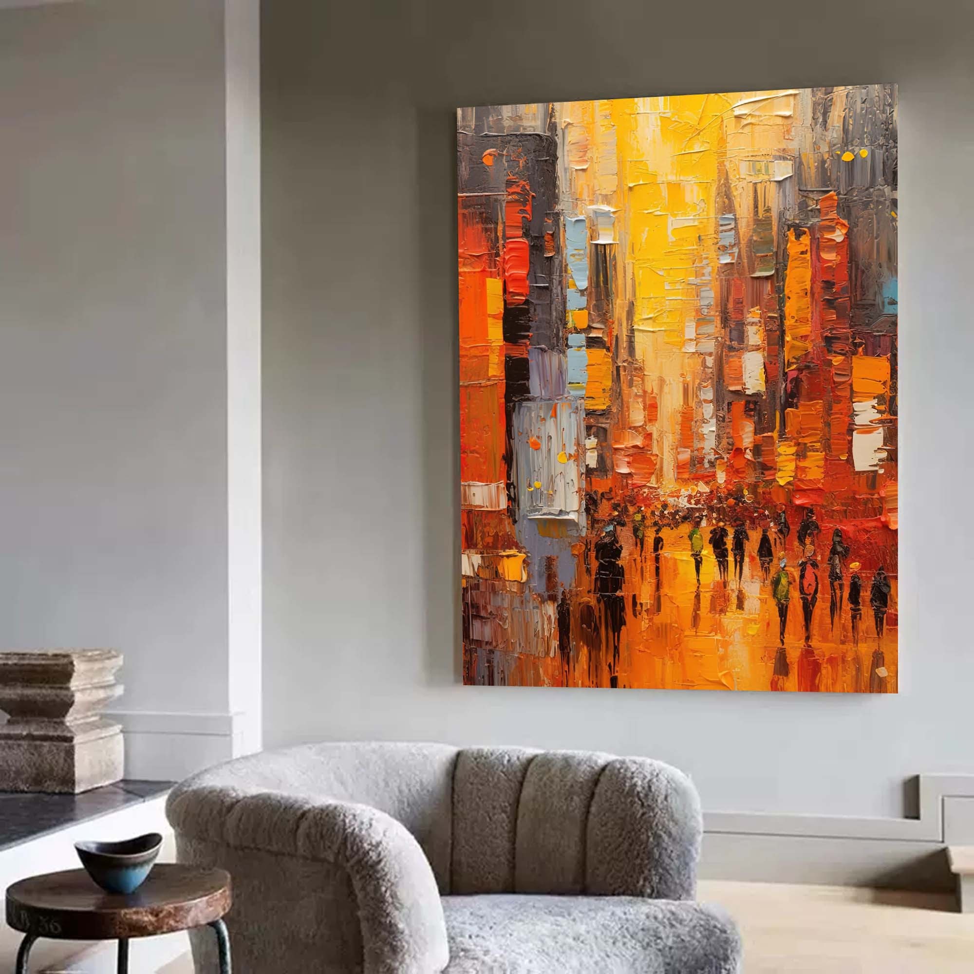 Golden City Street Scene Palette Knife Impressionist Oil Painting 323AA
