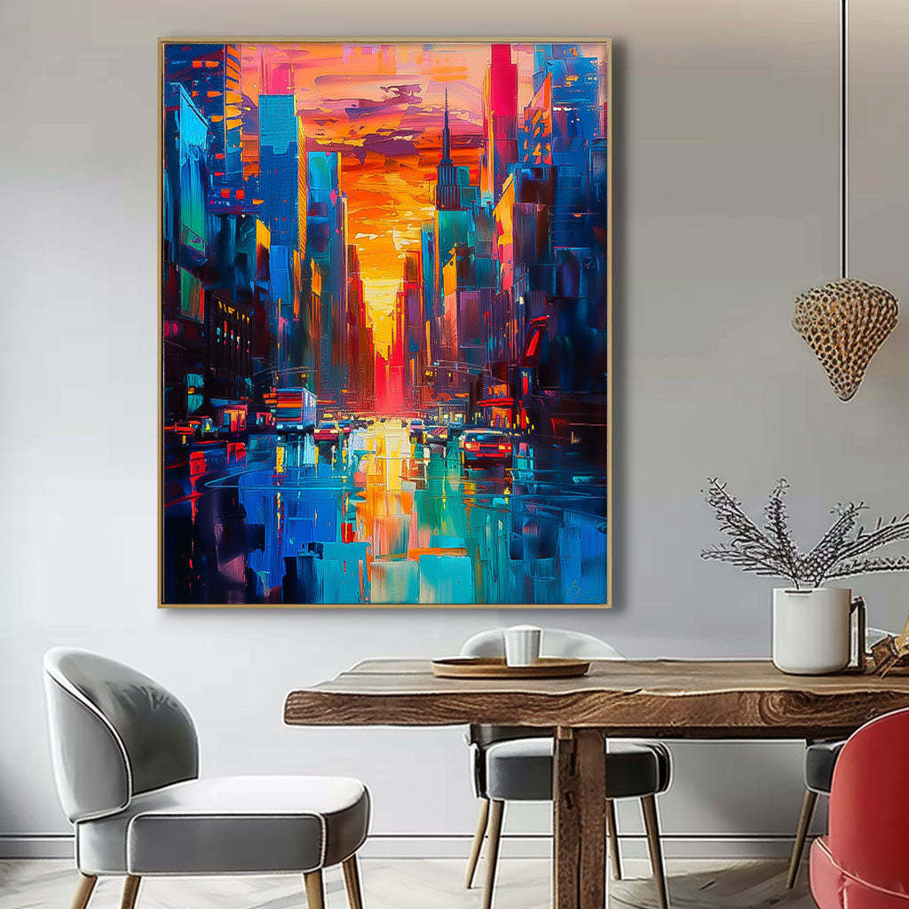 Sunset City Skyline Modern Impressionist Oil Painting 325AA