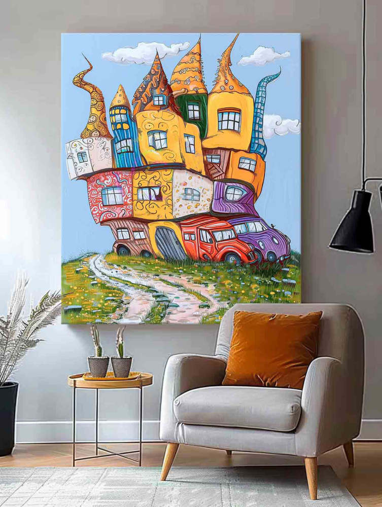Whimsical Colorful Houses and Cars Fantasy Oil Painting 315BR