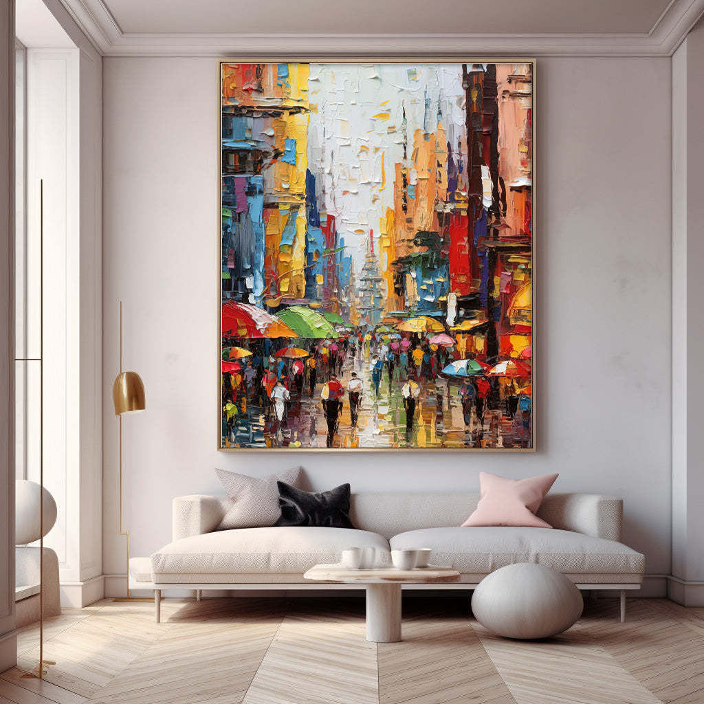 Colorful City Street Scene Palette Knife Impressionist Oil Painting 327AA