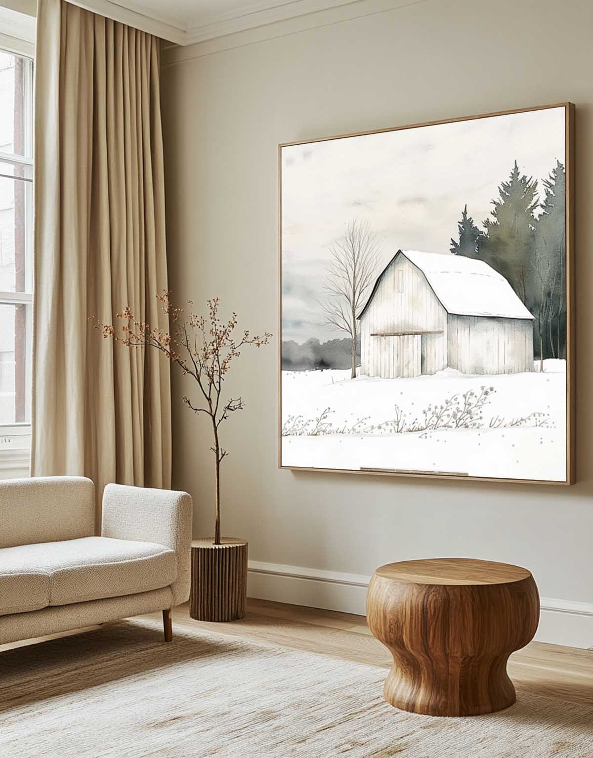 Winter Barn Landscape Minimalist Oil Painting 312AA