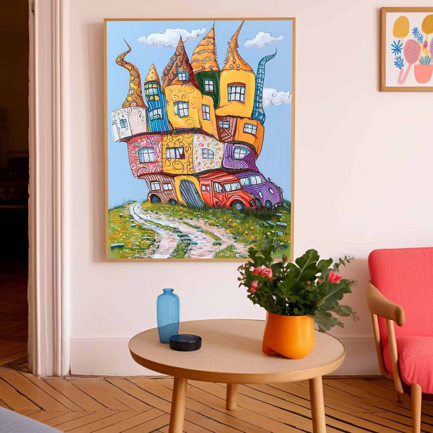 Whimsical Colorful Houses and Cars Fantasy Oil Painting 315BR