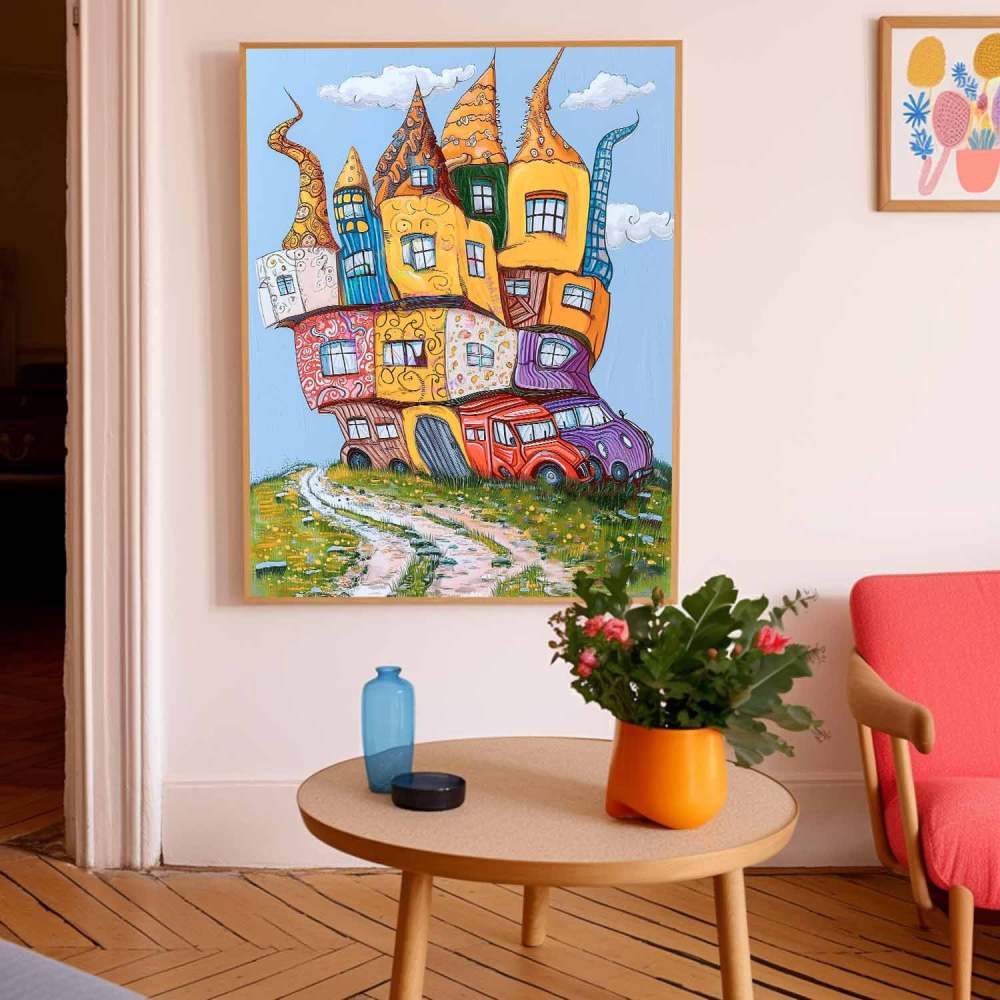 Whimsical Colorful Houses and Cars Fantasy Oil Painting 315BR