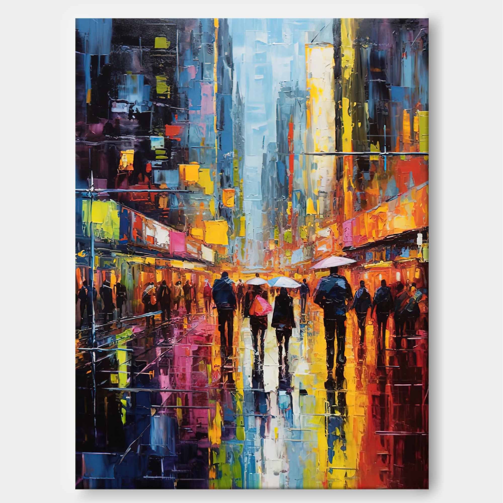 Vibrant Night Street Abstract Cityscape Oil Painting 334AA