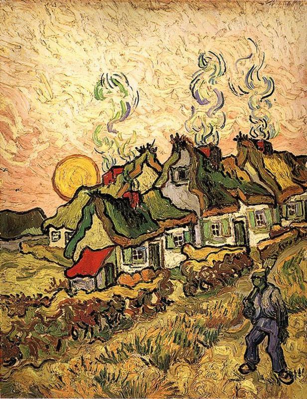 Thatched Cottages in the Sunshine - Reminiscence of the Nort by Vincent Van Gogh Oil Painting reproduction