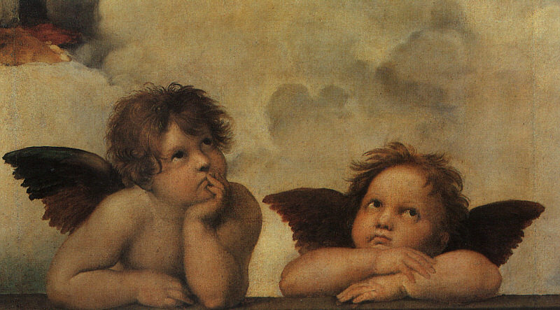 The Sistine Madonna, detail of genii, 1513-14 by Raphael Sanzio Oil Painting reproduction