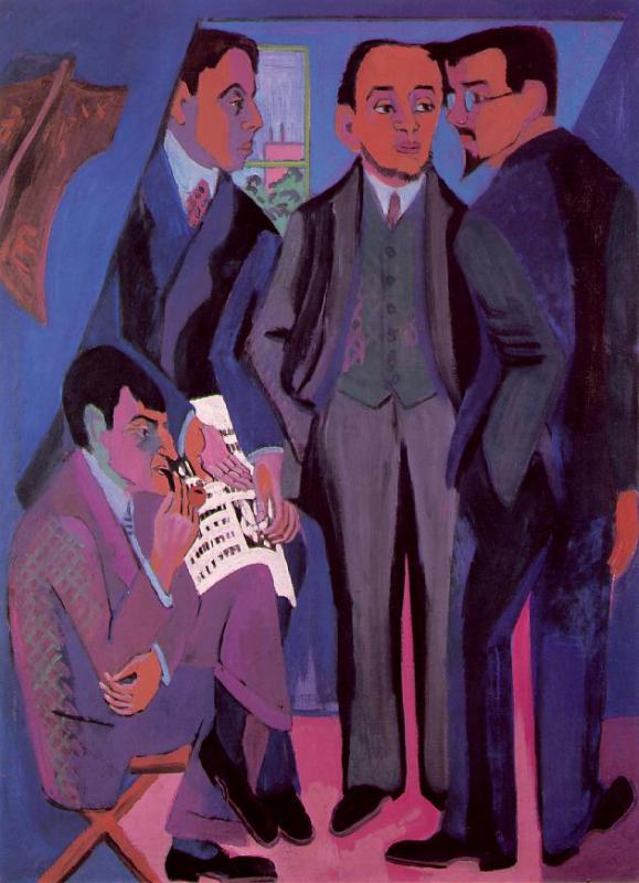 A Group of Artists, Otto Mueller, Kirchner, Heckel, Schmidt-Rottluff  1926-27 by Ernst Kirchner Oil Painting reproduction
