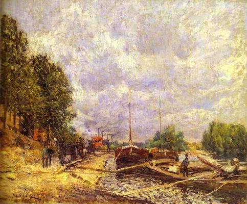 Barges in Billancourt (Les peniches à Billancourt). 1877  by Alfred Sisley Oil Painting reproduction