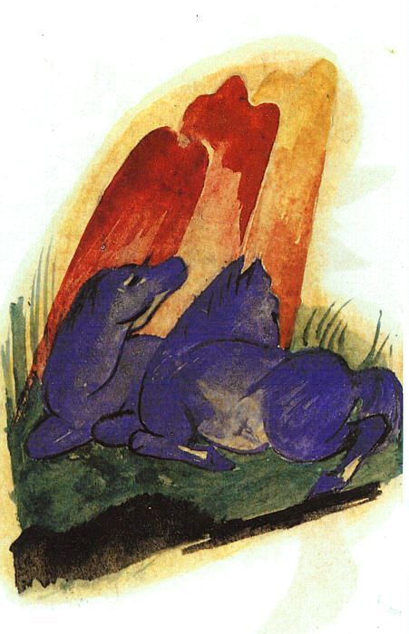 Two Blue Horses in Front of a Red Rock (Zwei Blaue Pferde vor Rotem Felsen), 1913 by Marc,Franz Oil Painting reproduction