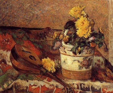 Dahlias And Mandolin by Paul Gauguin Oil Painting reproduction