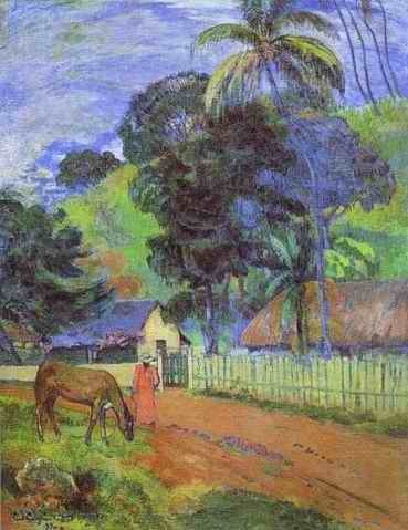 Horse On Road Tahitian Landscape  by Paul Gauguin Oil Painting reproduction