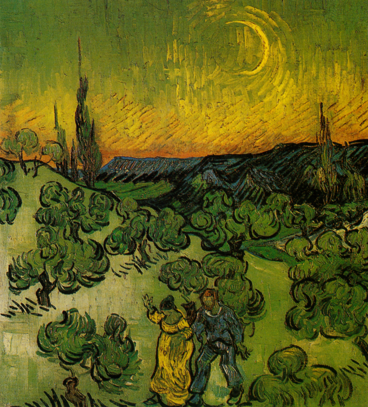 Landscape with Couple Walking and a Crescent Moon  by Vincent Van Gogh Oil Painting reproduction