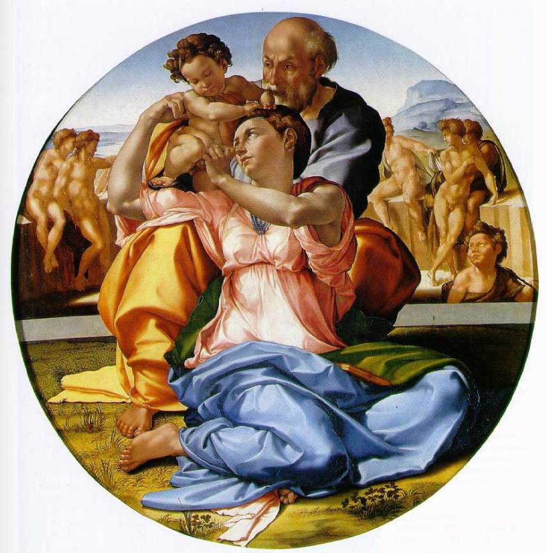 The Holy Family with the infant St. John the Baptist (the Doni tondo) c. 1506 by MICHELANGELO Buonarroti Oil Painting reproduction