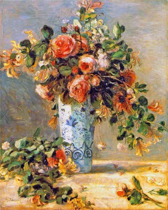 Roses And Jasmine In A Delft Vase by Pierre-Auguste Renoir Oil Painting reproduction