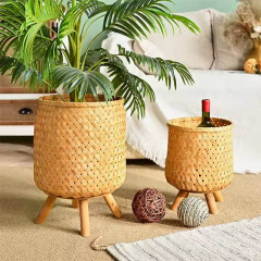 Decorative Woven Bamboo Storage with Wood Legs