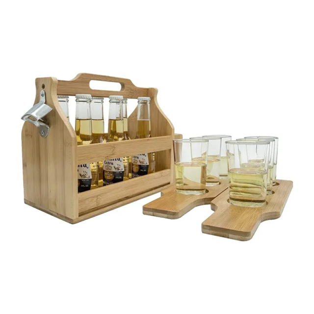Bamboo Wooden 6 Bottle Carrier Beer Caddy With Sampler Boards