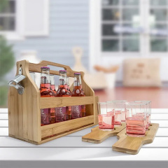 Bamboo Wooden 6 Bottle Carrier Beer Caddy With Sampler Boards