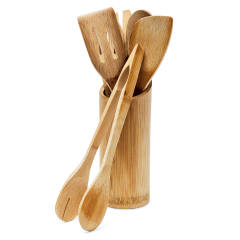 Spoon Bamboo or Wooden Kitchen Cooking Utensil 6 Pieces Set with Holder