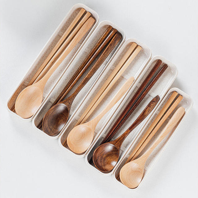 Creative Wooden Cutlery Spoon Chopsticks Set Portable Combination Spoon Chopsticks with Wooden Handle