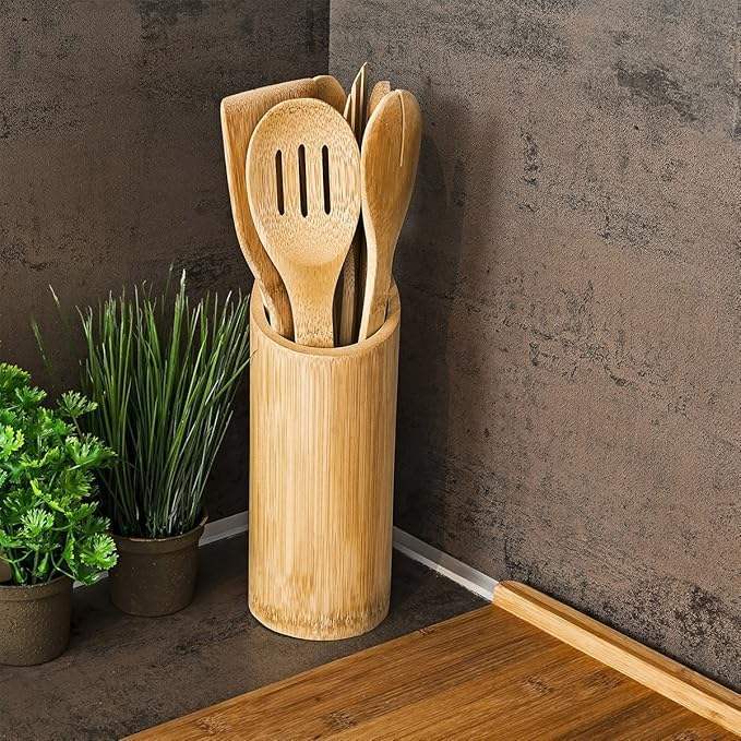 Spoon Bamboo or Wooden Kitchen Cooking Utensil 6 Pieces Set with Holder