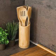 Spoon Bamboo or Wooden Kitchen Cooking Utensil 6 Pieces Set with Holder